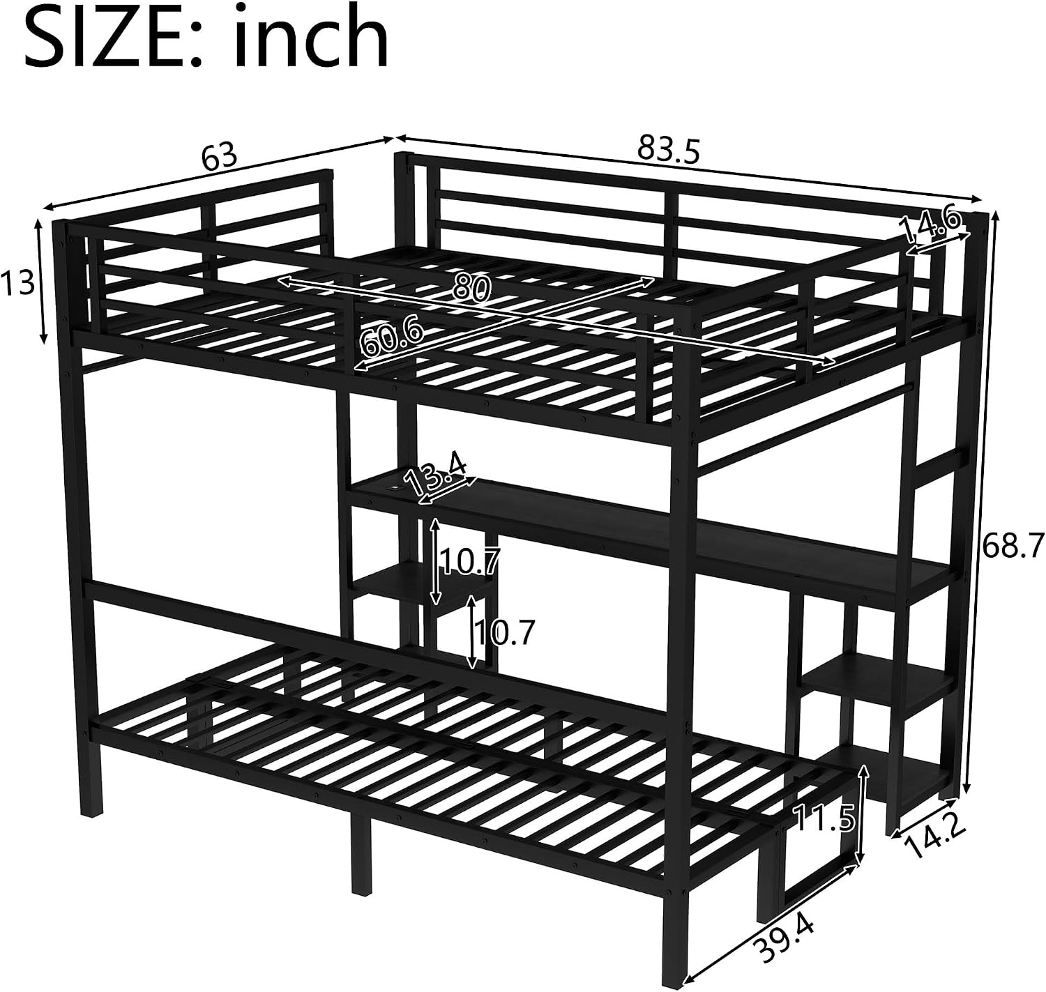 JIVOIT Queen Over Twin XL Metal Bunk Bed/Loft Bed, Multi-Functional Folding Design with Desk and Shelves, Multiple Uses Folds into Sofa, No Box Spring Needed