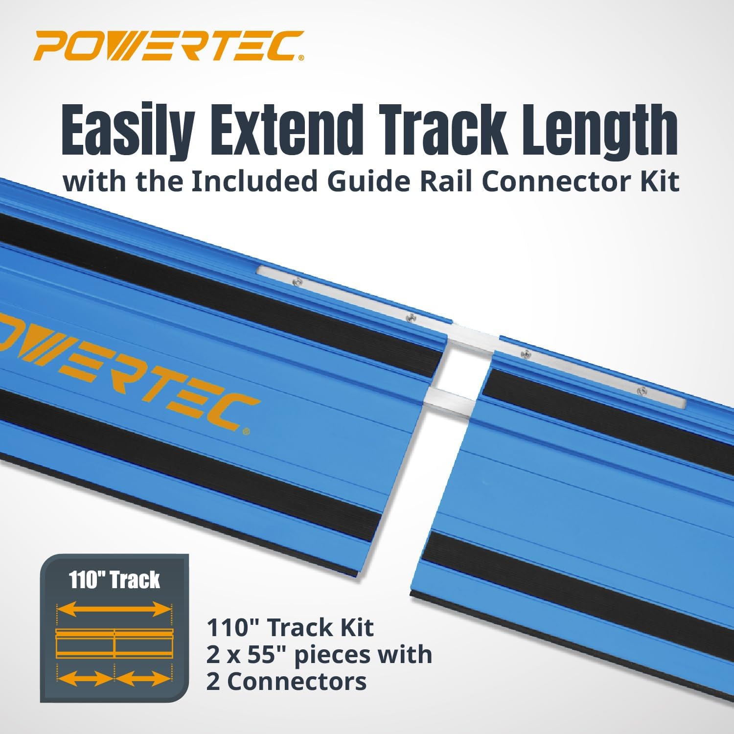 POWERTEC 72154 110' Track Saw Guide Rail Joining Set with Protective Bag for Milwaukee Track Saws | Includes 2x55' Guide Rails and (2) Guide Rail Connectors for Woodworking Projects