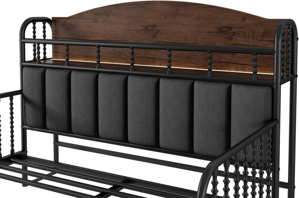 Modern Upholstered Platform Bed Frame with App Controlled LED Lights Storage Headboard Full Length Guardrails Low Profile Design Metal Structure for Bedroom (Black,Full)