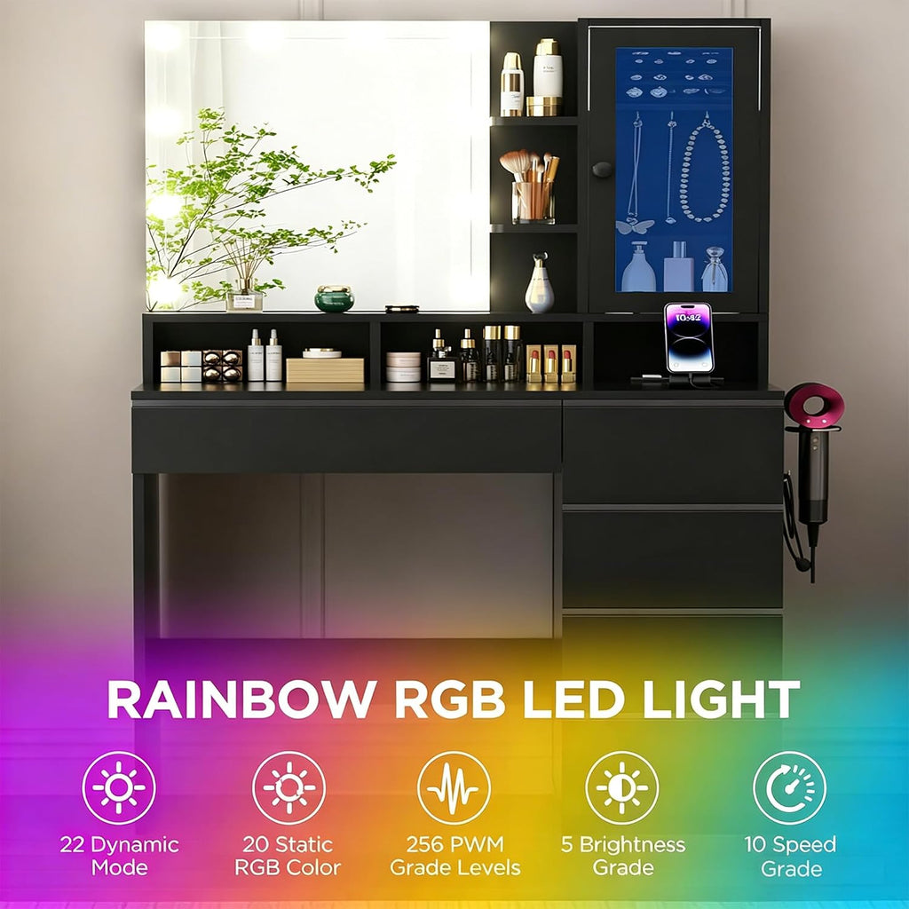 ERLEJIA Vanity Desk with LED Lights Mirror, Makeup Table with Power Outlet for Ladies and Girls, 35.43' RGB Light Makeup Desk with 6 Storage Drawers for Bedroom, Black