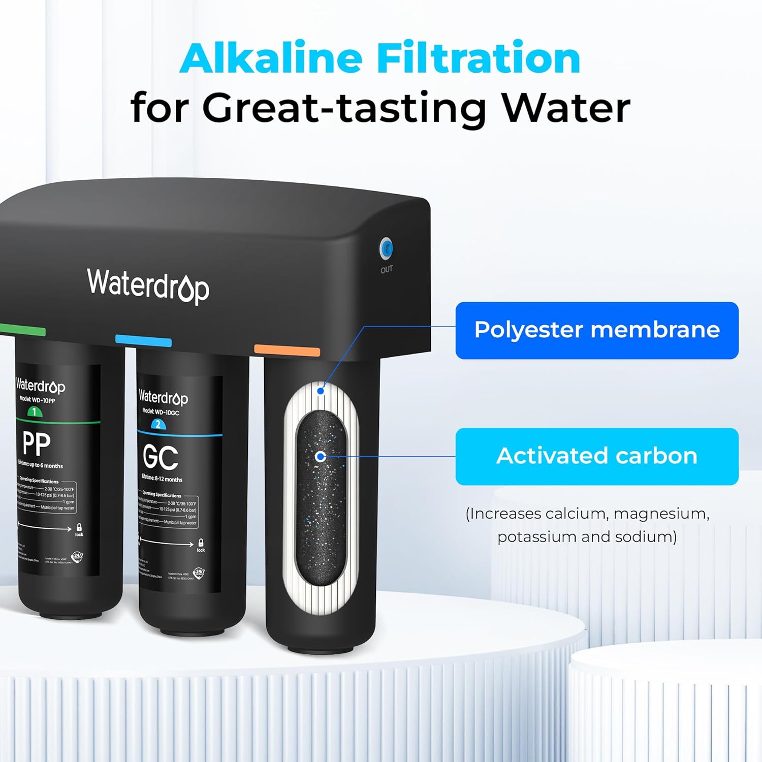 Waterdrop TSB-ALK 8 Layer Slightly Alkaline Under Sink Water Filter System, Reduces PFAS, PFOA/PFOS, Fluoride, Chlorine, Bad Taste & Odor, with Dedicated Faucet, Under Sink Water Filtration System