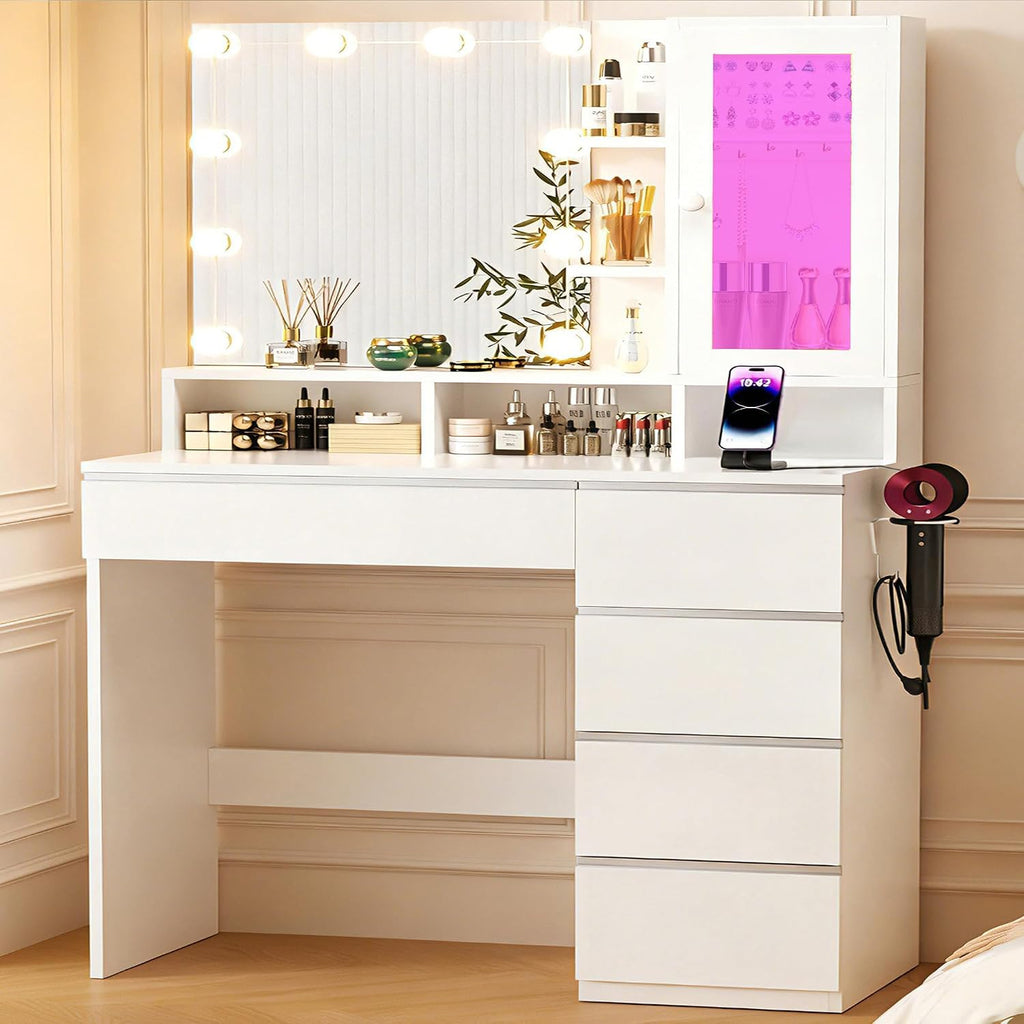 ERLEJIA Vanity Desk with LED Lights Mirror, Makeup Table with Power Outlet for Ladies and Girls, 35.43' RGB Light Makeup Desk with 6 Storage Drawers for Bedroom, White 2