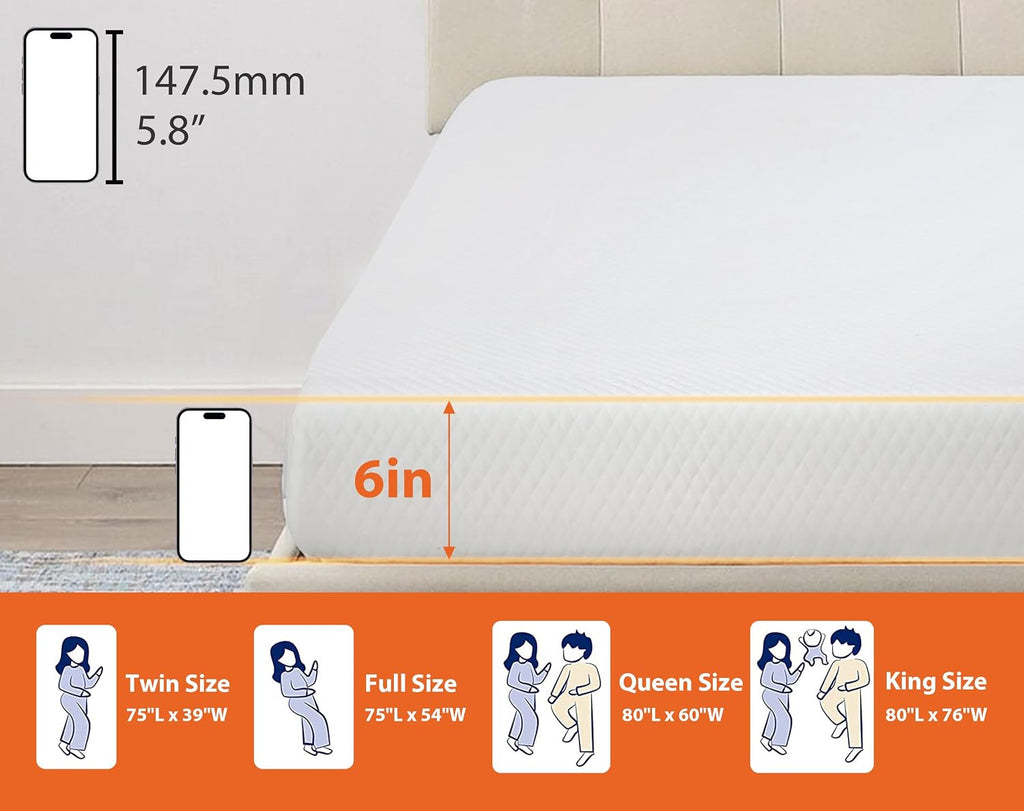 MKDLUFEI 6 Inch Full Size Memory Foam Mattress, Medium Firm, White, Gel Top, Breathable, Pressure Relief