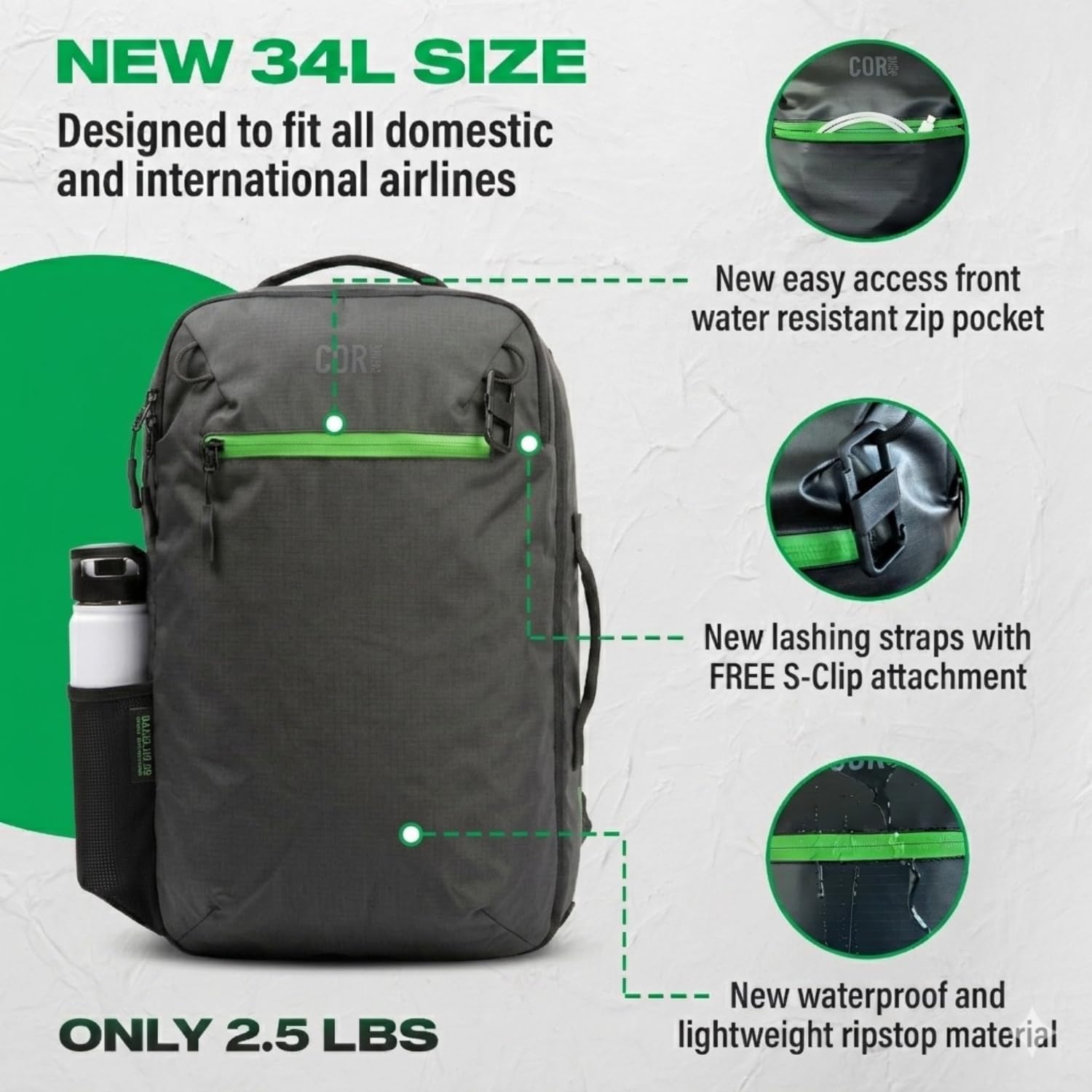 COR Surf Travel Backpack Carry On Backpack for Airplanes - Island Hopper 2.0 Travel Backpack with Clamshell Design | Black with Green Zipper (34L Matte Black)