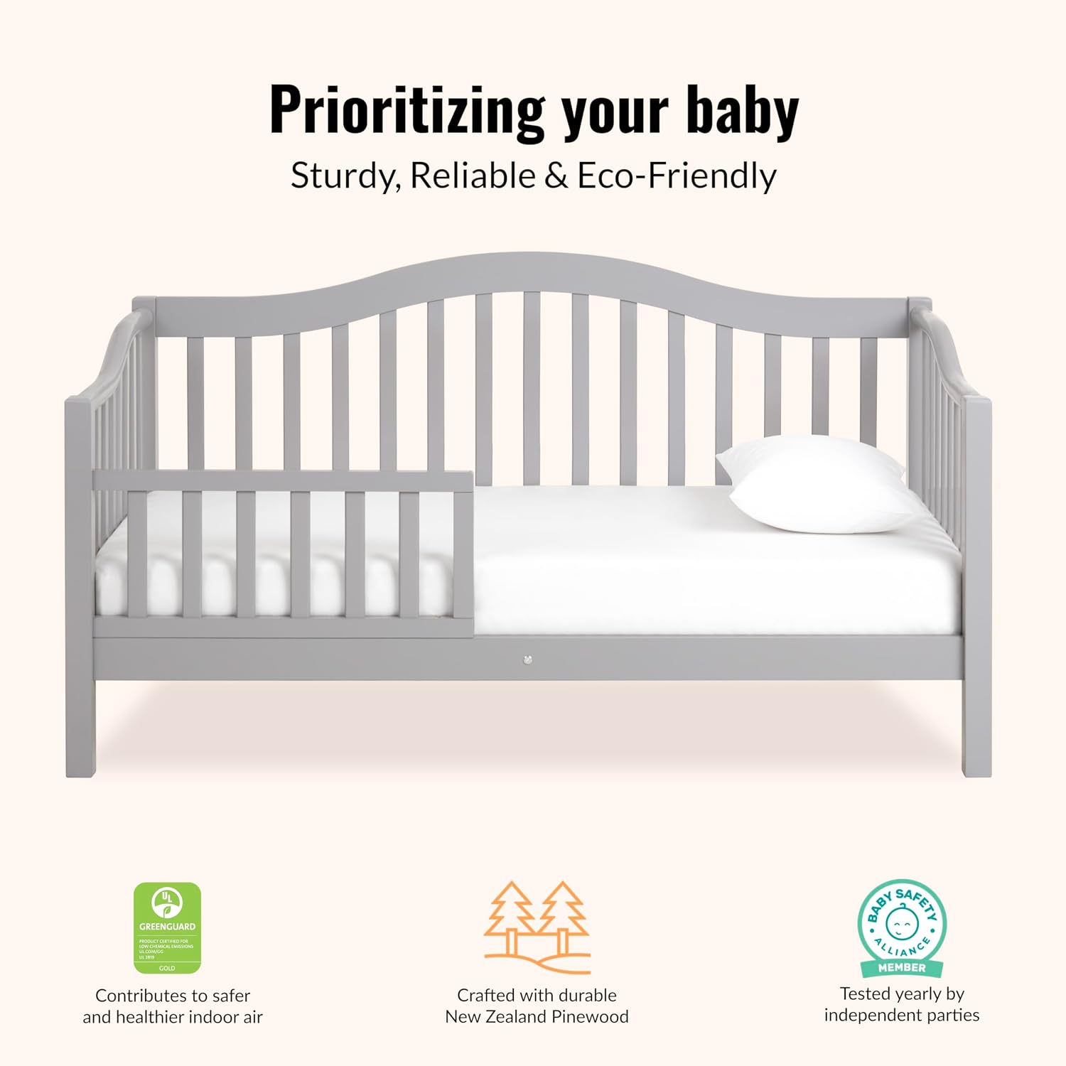 Dream On Me Austin Toddler Day Bed with Rails in Pebble Grey, Low to Floor Toddler Day Bed, Greenguard Gold & Baby Safety Alliance Certified, Non-Toxic Finishes, Side Safety Guard Rail