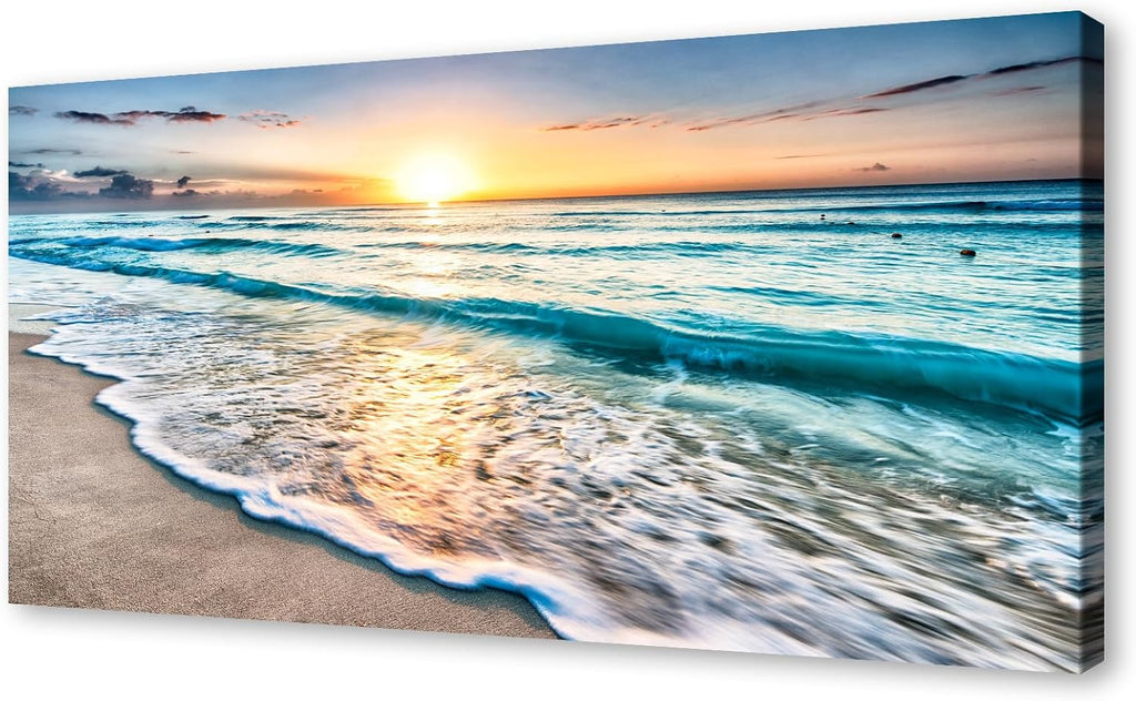 Baisuart S02298 Canvas Prints Wall Art Beach Sunset Ocean Waves Nature Pictures Stretched Canvas Wooden Framed for living Room Bedroom and Office
