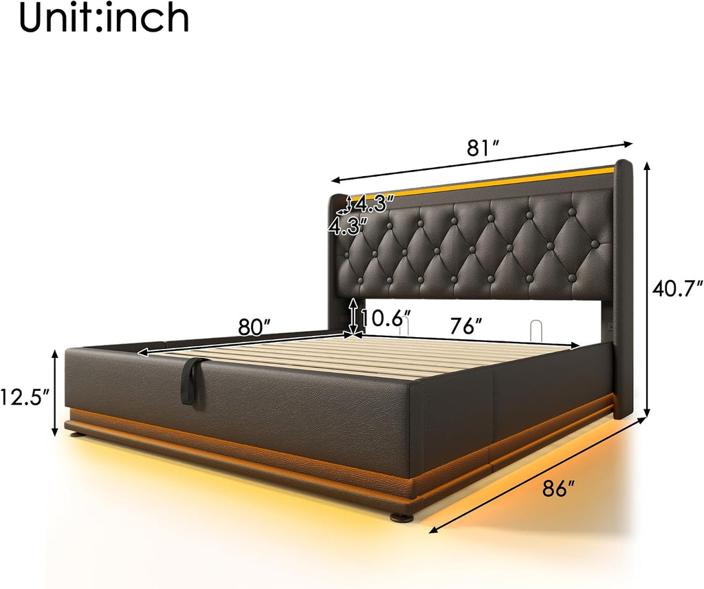 Twin Size Upholstered Bed Frame with 360° LED Lights, Hydraulic Storage, USB Charging, Modern Platform Bed with Headboard, Remote App Control for Teen, Guest Room, Small Space (Black + King)