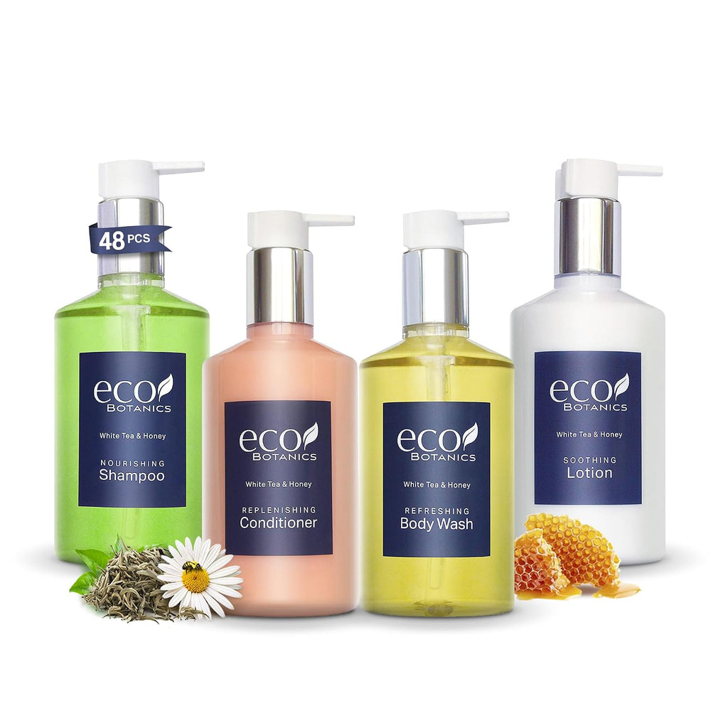 Eco Botanics Hotel Amenities Set | 10.14oz Pump Bottles | Shampoo, Conditioner, Hand & Body Wash, and Lotion | Set of 48