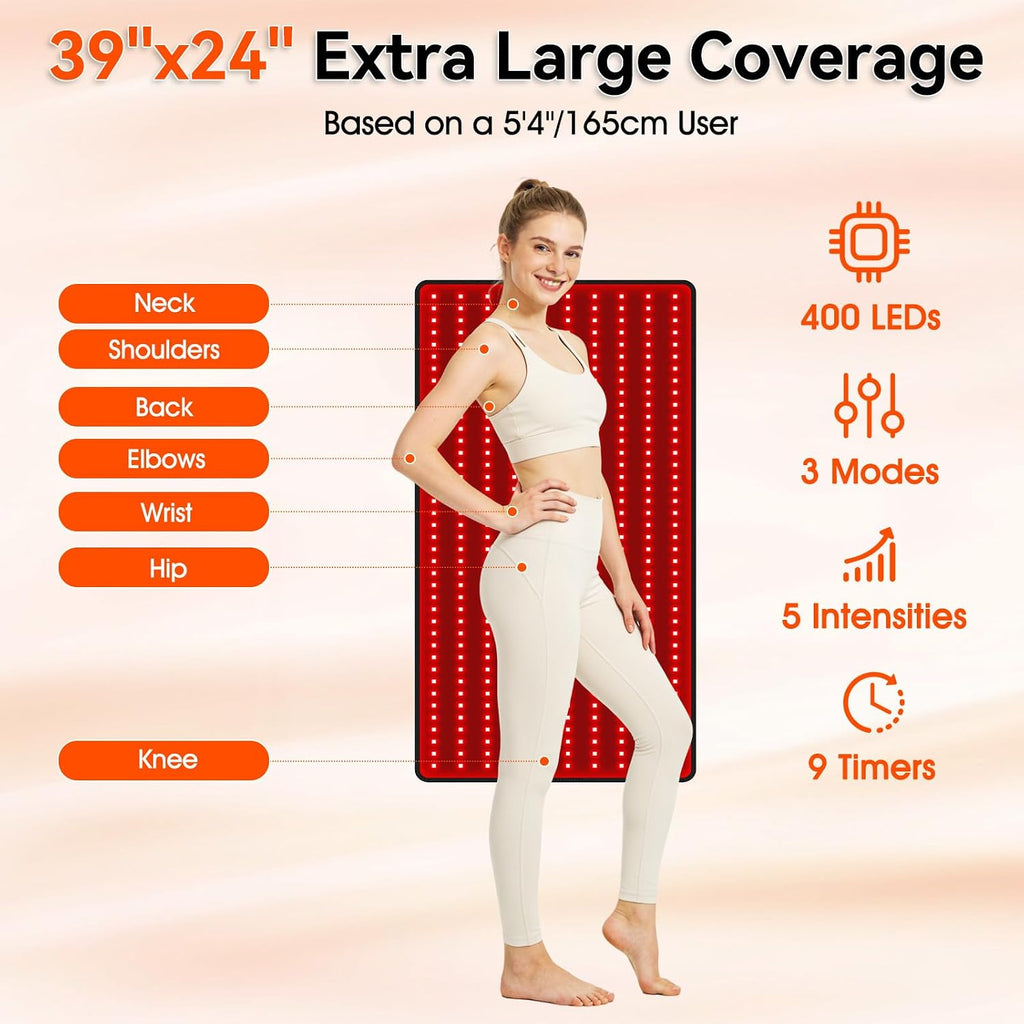 Red Light Therapy Mat for Body, Large 39'x24' Infrared Light Pad with 400 LEDs Tri-Chip 660nm & 850nm, Red Light Blanket for Back, Leg, Joint & Muscle Pain, 9 Timer, Max 60W