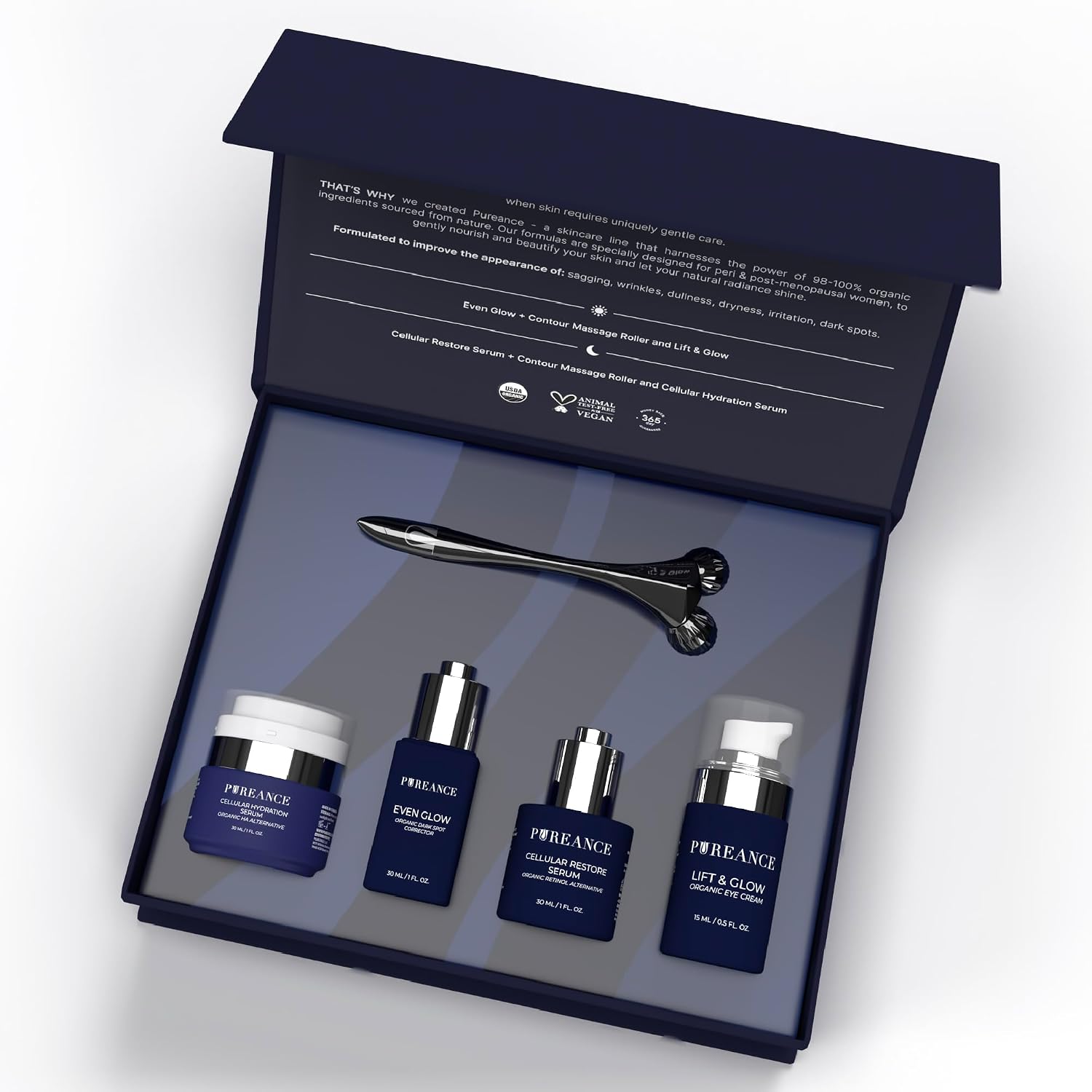 Pureance Mature Glow Gift Box - Mothers Day Gifts Skin Care Set for Women - Bakuchiol Plumping Serum, Dark Spot Corrector, Under Eye Cream, Hydrating Serum, Derma Roller Facial Skincare Routine