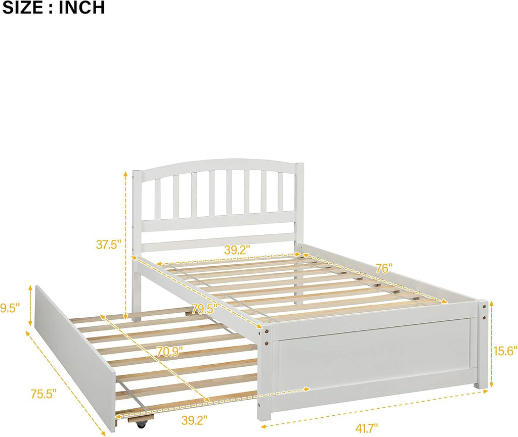 Modern Solid Wood Platform Bed with Trundle Classic Bed Frame with Headboard, No Box Spring Needed Space Saving, Twin White