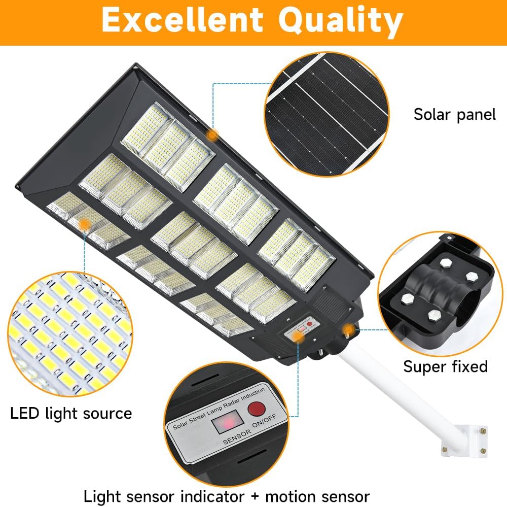 24000W Solar Street Lights Outdoor, 24000 Lumens Dusk to Dawn Motion Sensor Security Flood Light with Remote Control, Wireless, Waterproof, Perfect for Garden,Yard, Street, Parking lot