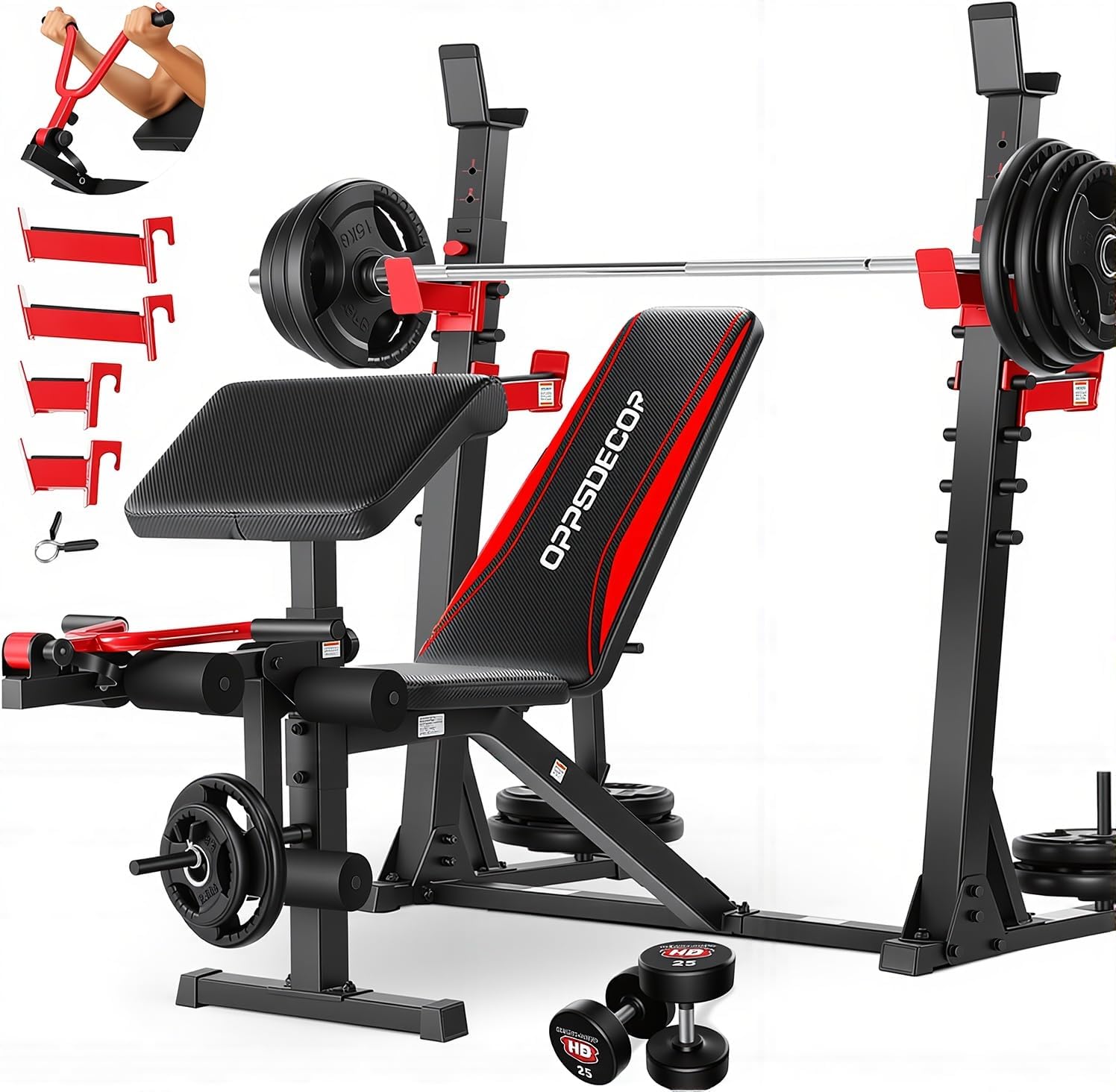 OPPSDECOR 3.0 Pro Weight Bench Set for Home Gym, ASTM-Certified 900 LBS Bench Press Set with Leg Extension, Preacher Curl Pad, Barbell Rack, J-Hooks and Safety Bar Catches for Full Body Workout
