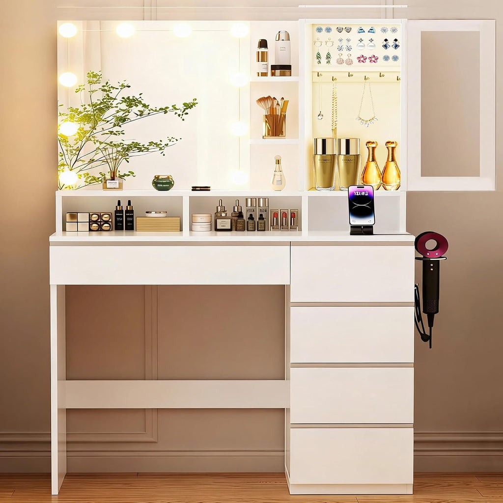 ERLEJIA Vanity Desk with LED Lights Mirror, Makeup Table with Power Outlet for Ladies and Girls, 35.43' RGB Light Makeup Desk with 6 Storage Drawers for Bedroom, White 2