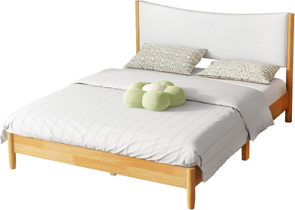 Queen Size Bed Frame with Storage, Solid Rubber Wood Platform Bed with Boucle Upholstered Headboard, Enhanced Support Feet for Stability, American Style Modern Bedroom Furniture