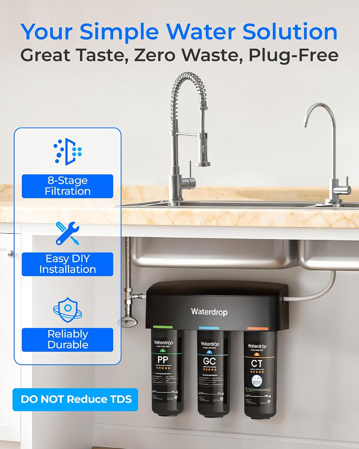 Waterdrop TSB 8 Layer Under Sink Water Filter, Reduces PFAS, PFOA/PFOS, Fluoride, Chlorine, Bad Taste & Odor, with Dedicated Faucet, NSF/ANSI 42 Certified Element, Under Sink Water Filtration System