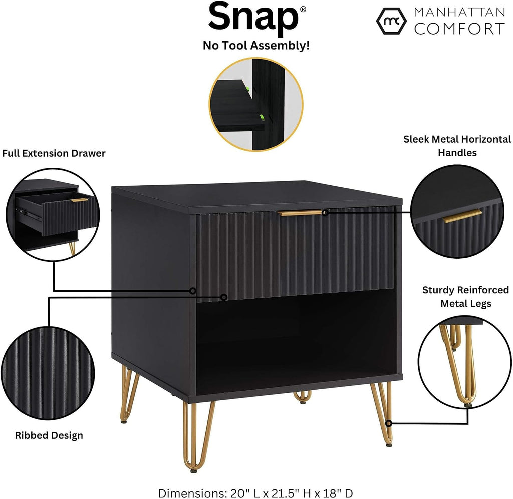 Manhattan Comfort Dumbo Fluted Nightstand with Drawer and Open Shelf, Gold Hairpin Legs and Metal Handle, Snap Tool-Free Assembly, Modern Bedside Accent Table for Bedroom, Office, Living Room in Black