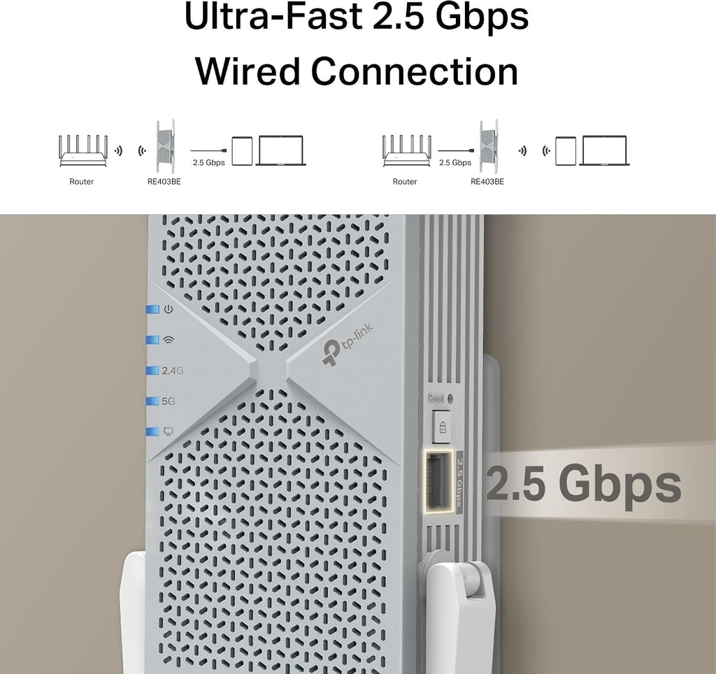 TP-Link BE6300 Wi-Fi 7 Range Extender RE403BE w/ 2.5G Port | 6.3 Gbps Dual-Band Wireless Repeater | Internet Signal Booster for Home | Up to 2800 sq.ft, 64 Devices | MLO, EasyMesh | No 6 GHz Band