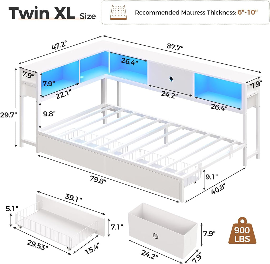 Hasuit Corner Twin XL Bed Frame with Storage Drawers and Bookcase Headboard, Twin xl Size Metal Platform Corner Bed Frame with Charging Station & LED Lights, Twin XL Daybed for Kids Teens Guests,White