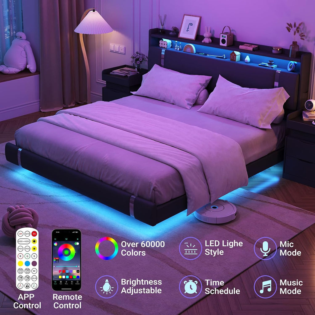 Floating Bed Frame with Storage Headboard, Modern Black King Size Bed Frame with LED Light and Charging Station, Upholstered Platform Bed Frame, No Box Spring Needed, Metal Frame Noise-Free