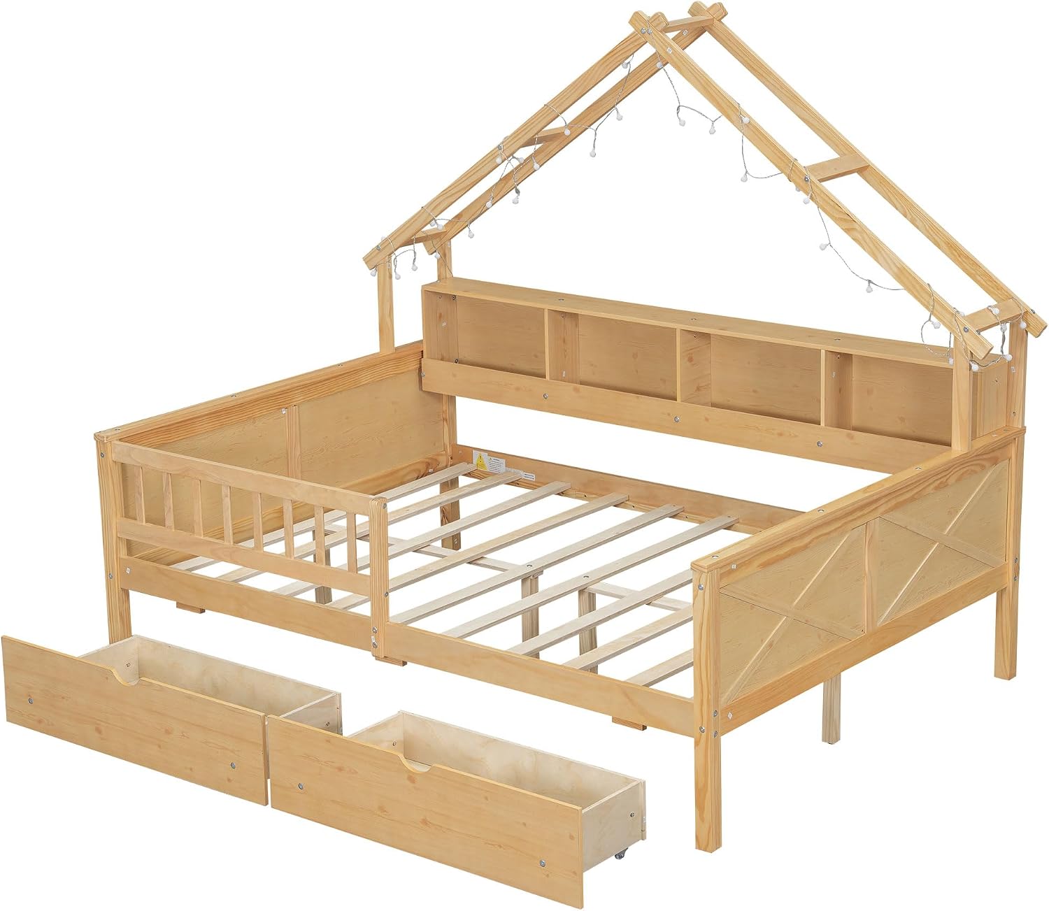 JIVOIT House Beds Wood Platform Bed, Full Size Platform Bed Frame with Storage Shelves, Drawers and Guardrail, Wood Slats Support, No Box Spring Needed (Natural/509)