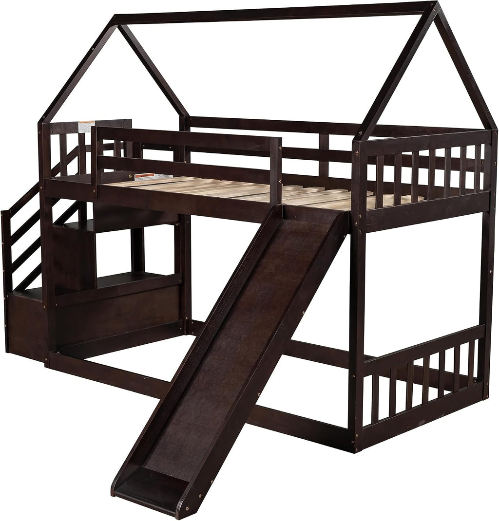Twin Over Twin Bunk Bed with Slide for Kids Toddlers, House Bunk Bed Farm with Storage Steps and Roof Guardrail for Girls/Boys, No Spring Box Required (Espresso-Storage Steps#2)