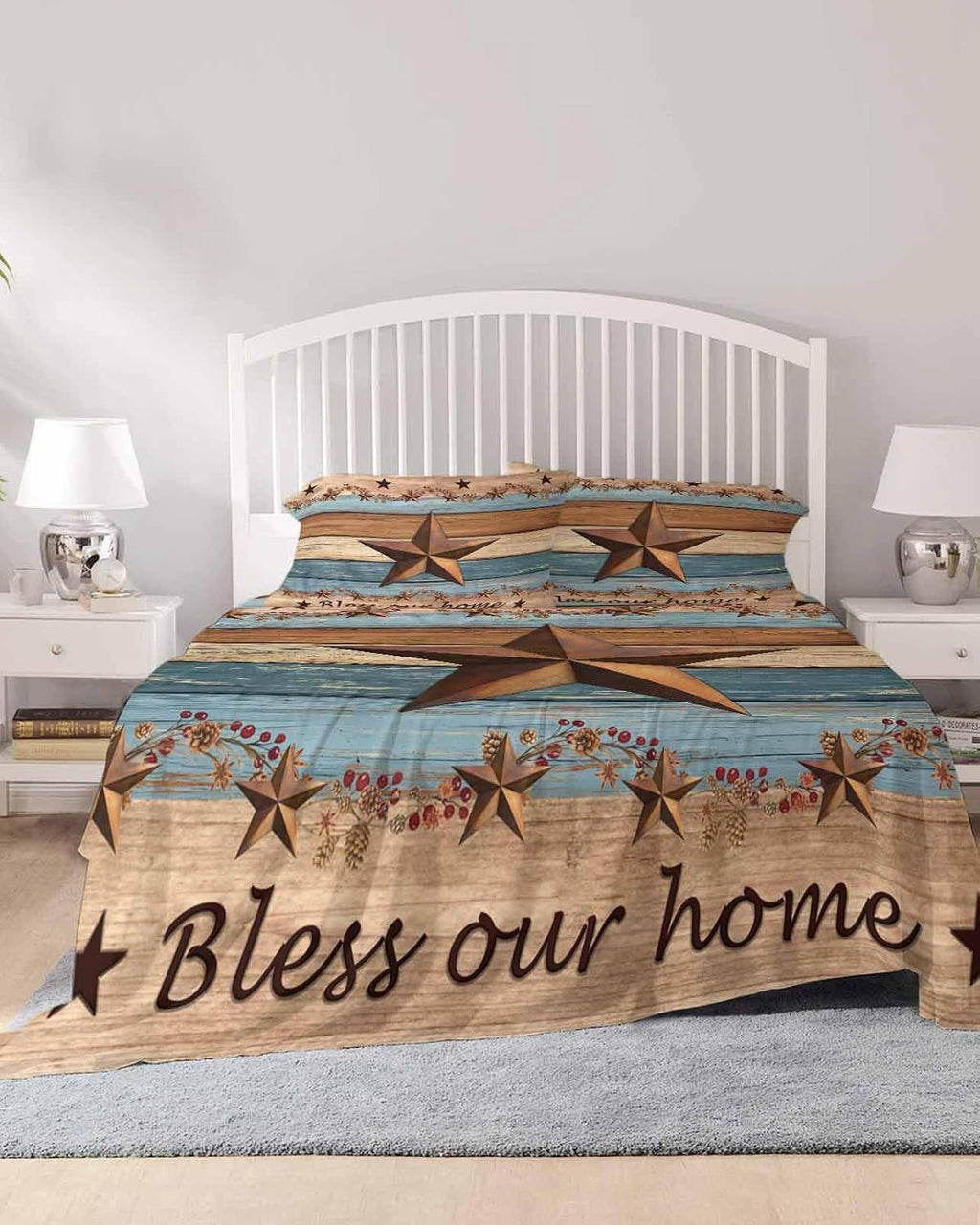 Western Texas Star Retro Cal King Sheet Set 4 Piece Bedding - Vintage Farmhouse Blue Brown Wood Grain Breathable Comfy Cooling Bed Sheets & Pillowcase Sets, Hotel Flat Sheets Deep Pockets Fitted Sheet