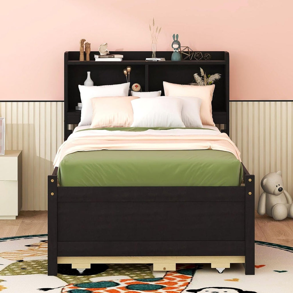 KEVINSPACE LED Bed Frame Twin Captains Bed Storage Daybed with Trundle Set, USB,Type-C Ports,LED Light Bed, Twin Size Beds Wooden Platform Bed with 3 Drawers and Bookcase Headboard Bedroom Espresso