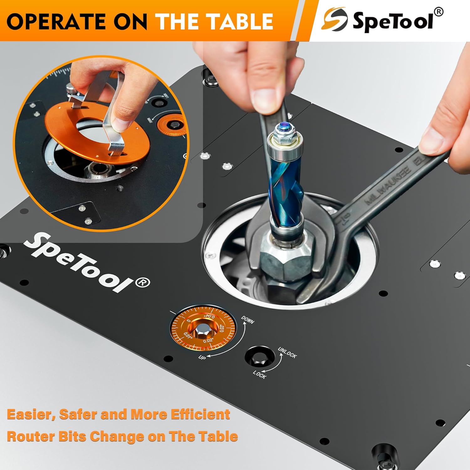 SpeTool Router Lift Kit for 1.25 HP, 2.25 HP, and 3.25 HP Router, Precision All-Aluminum Router Table Lift System with 3 Magnetic Insert Rings, 9-1/4'x11-3/4' Router Table Insert Plate for Woodworking