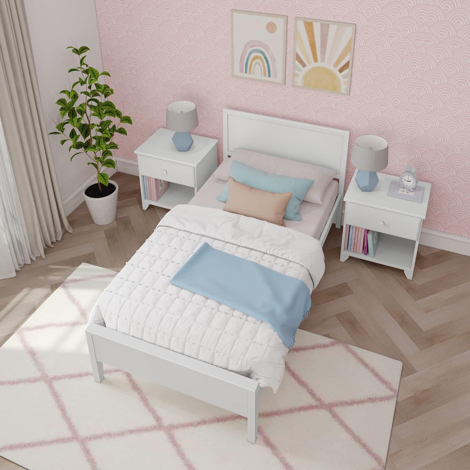 Max & Lily Twin Bed Frame with Panel Headboard, Solid Wood, White