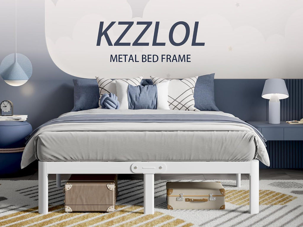 White Full Size Bed Frame 14 Inch, Metal Full Bed Frame No Box Spring Needed, Heavy Duty Steel Support 3500 LBS, DIY Headboard, Noiseless, Round Corner Legs, Storage Space, Easy Assembly