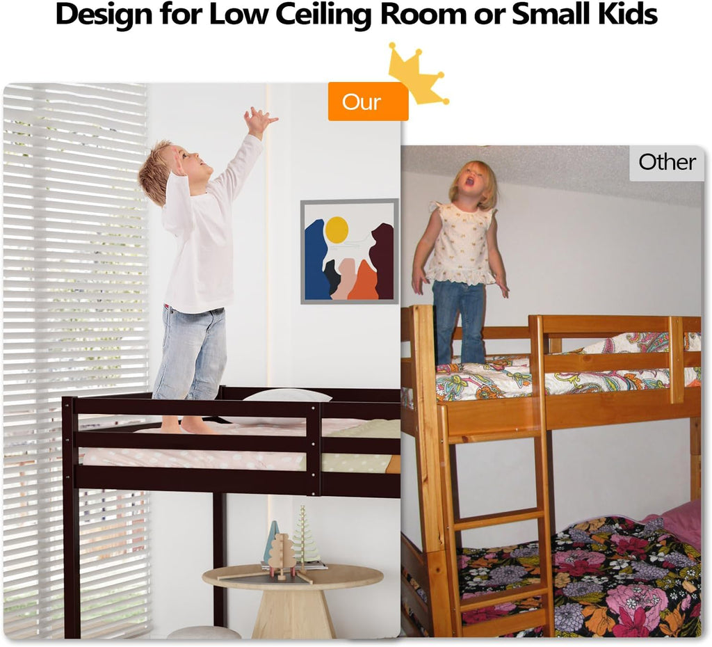VINGLI Junior Low Loft Bed with Inclined Stairs, Wood Loft Bed Full Size for Adults, Kids and Young Teens, No Box Spring Required,Wood Slat Support, Espresso