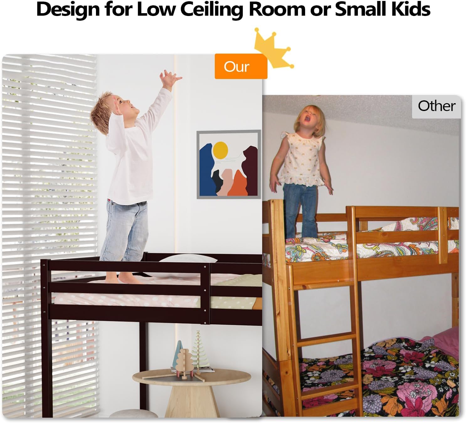 VINGLI Junior Low Loft Bed with Inclined Stairs, Wood Loft Bed Full Size for Adults, Kids and Young Teens, No Box Spring Required,Wood Slat Support, Espresso