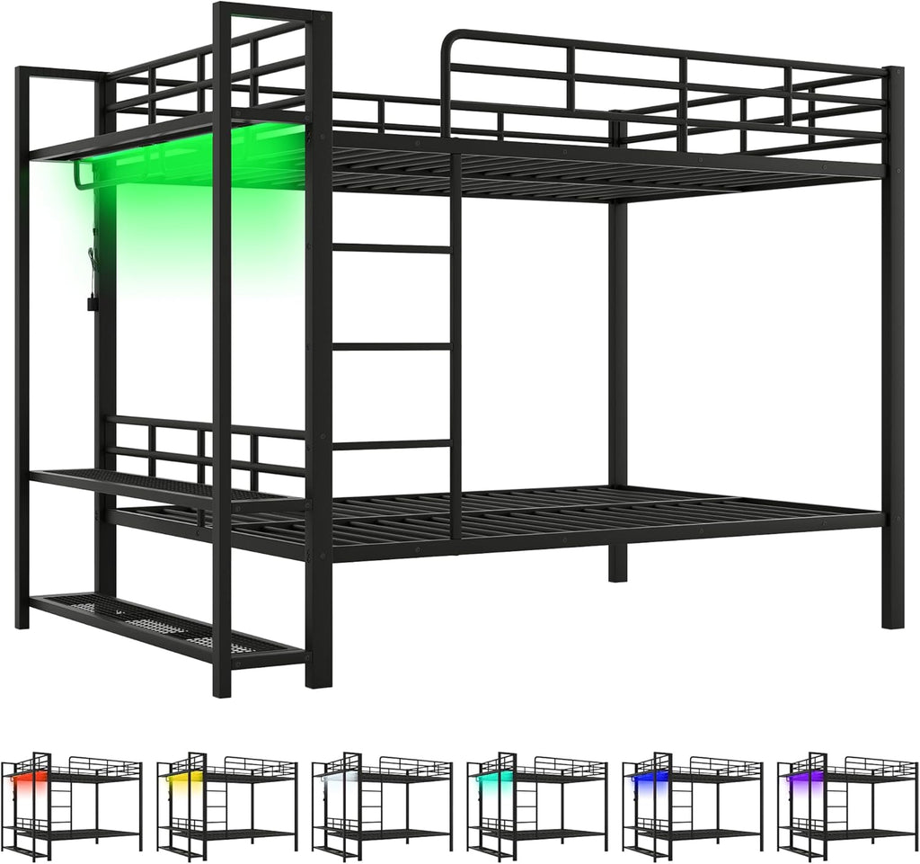 Metal Bunk Bed with Storage Mesh Shelves and Clothes Hooks, Open Storage Shelves, Full Size Bunk Bed with Full-length Reinforced Guardrails for Teens and Adults, No Box Spring Needed (Black//96)