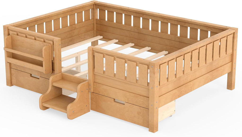 Bellemave Full Kids Montessori Bed with Stairs, Bookshelf and Drawers, Solid Wood Kids Bed Frame with Storage for Boys Girls, Low Profile,Light Natural