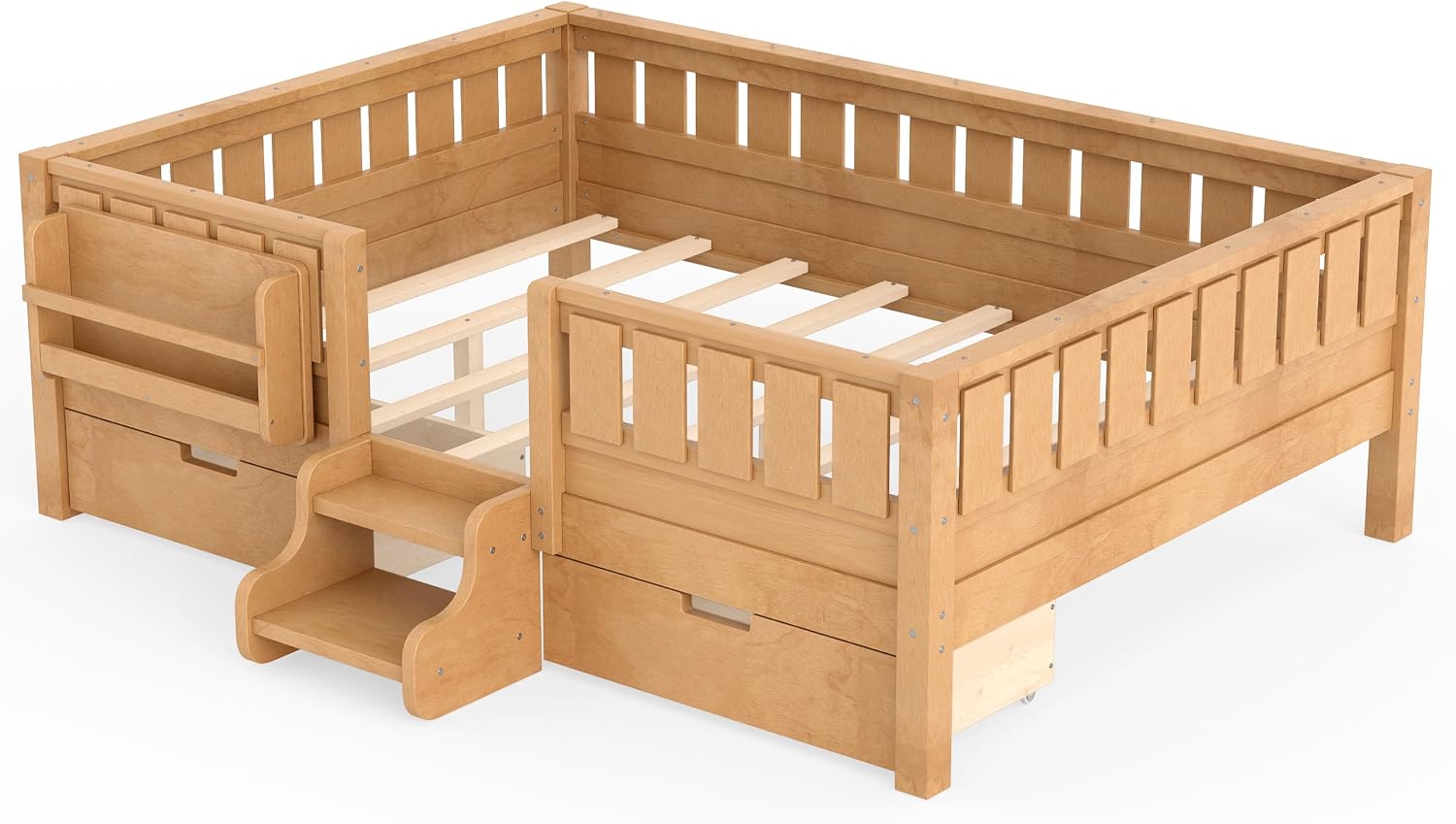 Bellemave Full Kids Montessori Bed with Stairs, Bookshelf and Drawers, Solid Wood Kids Bed Frame with Storage for Boys Girls, Low Profile,Light Natural