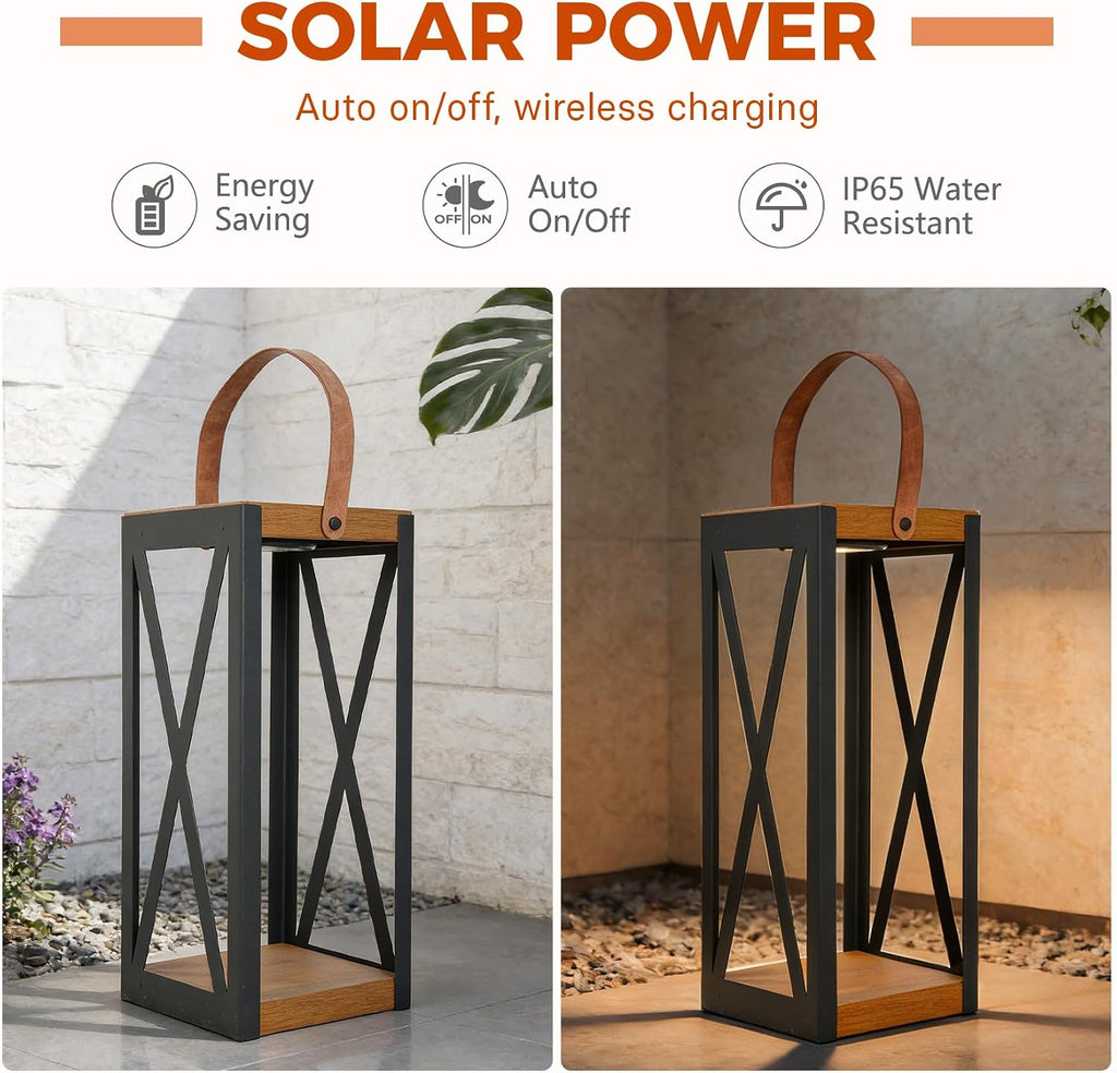 Solar Yard Outdoor Solar Floor Lamp Set of 2, IP65 Waterproof Metal Lantern with 50/100 Lumens & Memory Mode, Solar Patio Light for Porch, Yard & Garden, Large X-Black