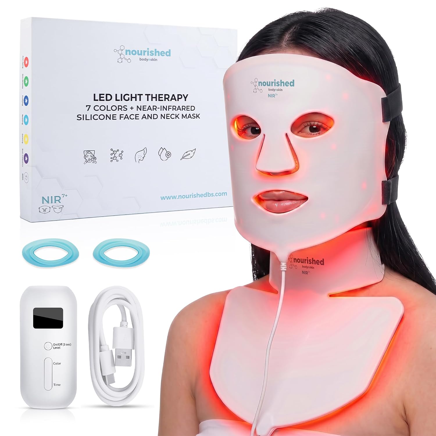 Nourished Bodynskin 7 Colors LED Face and Neck Mask with Near-Infrared - Blue, Red Light Therapy for Face - 912 LEDs - Skincare Tool for Anti-Aging