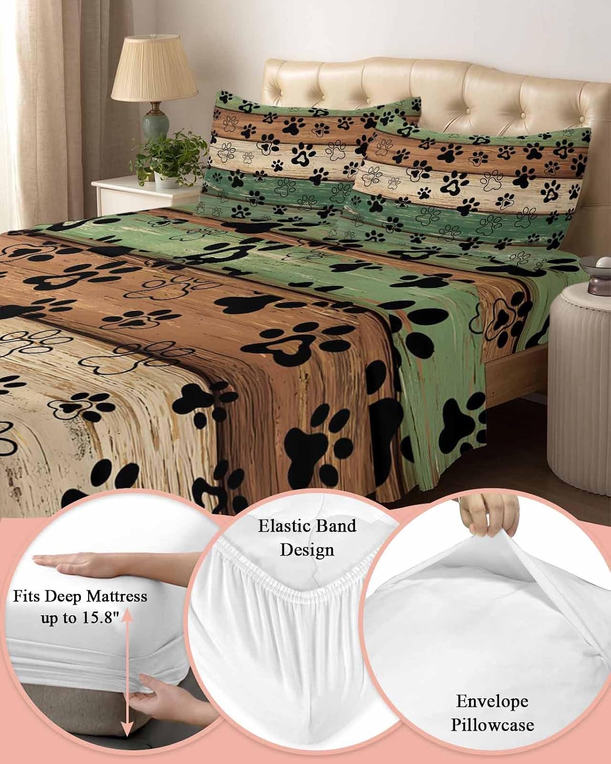 Dark Sage Green Brown Cal King Sheet Set 4 Piece Bedding - Farmhouse Dog Paw Vintage Breathable Comfy Cooling Bed Sheets & Pillowcase Sets, Hotel Luxury Flat Sheets Deep Pockets Fitted Sheet
