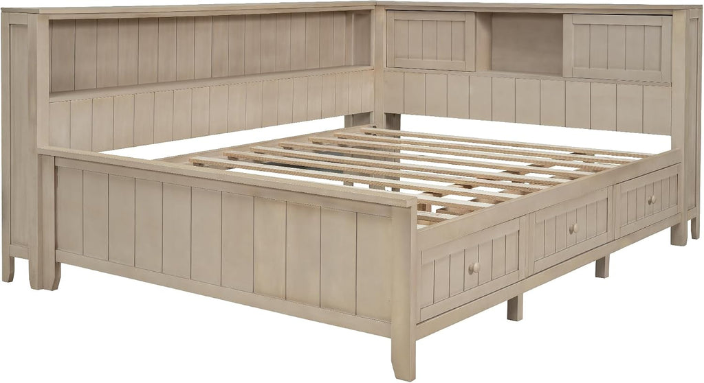 Full Size Lounge Daybed with Storage Shelves and 3 Drawers, Wooden Sofa Bed Frame with Slat Support for Apartment, Bedroom, Guest Room, No Box Spring Required