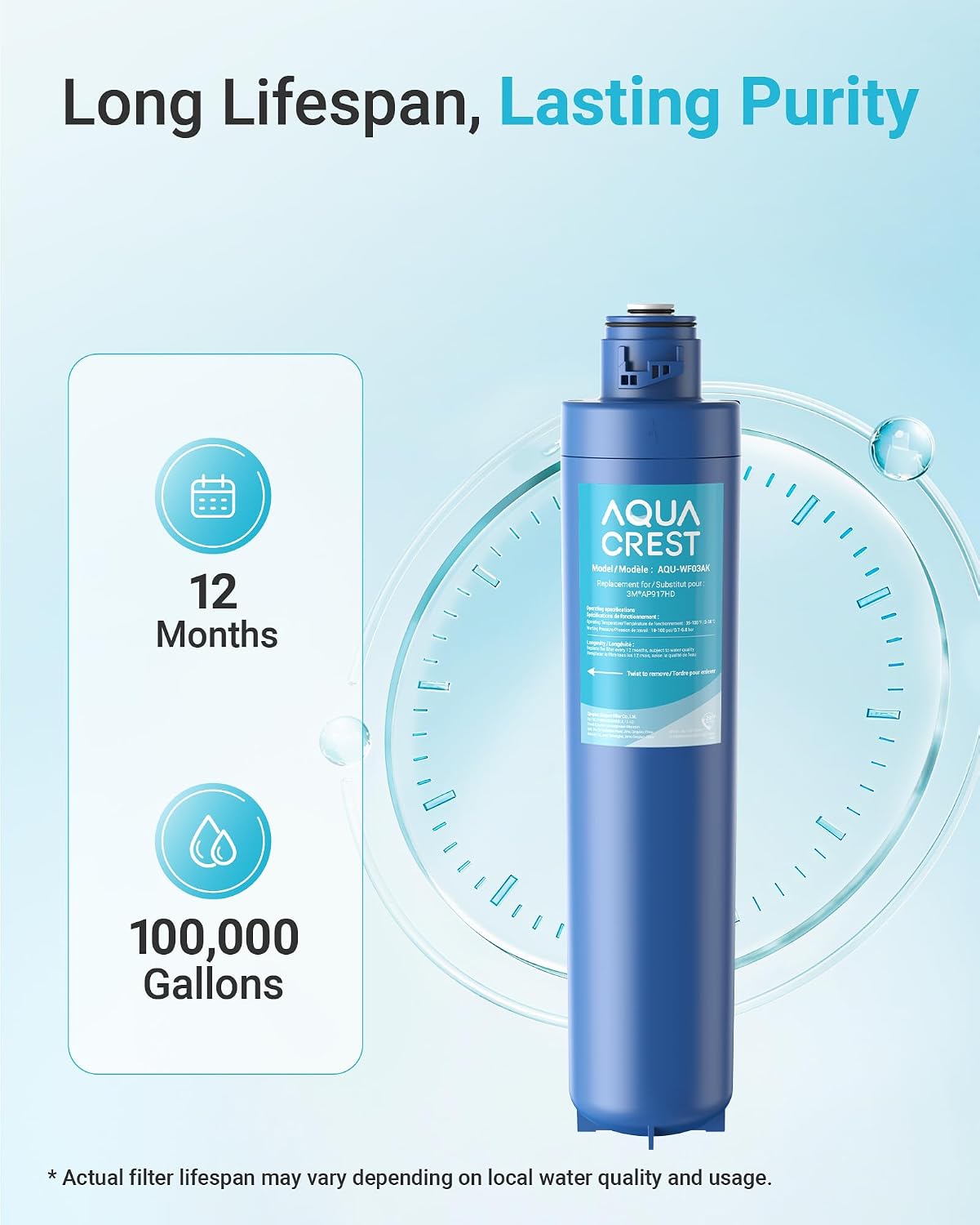 AQUA CREST AP917HD Water Filter, Replacement for Aqua-Pure® AP917HD, 3M® Aqua-Pure® AP903 System, Reduces Sediment, Chlorine Taste and Odor, 100000 Gallons