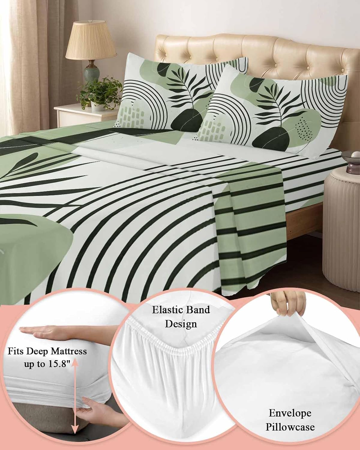 Boho Geometric Cal King Sheet Set 4 Piece Bedding - Farmhouse Green Abstract Stripes Leaves Breathable Comfy Cooling Bed Sheets & Pillowcase Sets, Hotel Luxury Flat Sheets Deep Pockets Fitted Sheet
