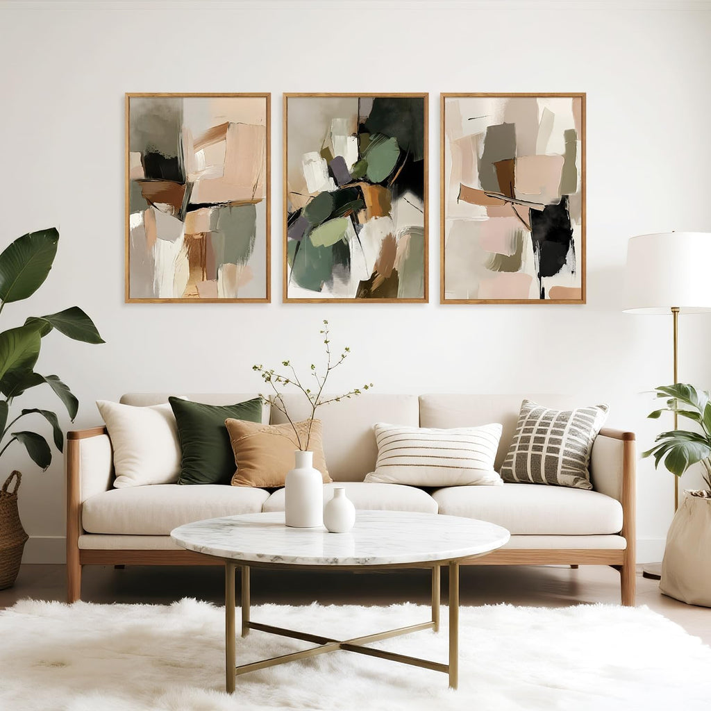 CHDITB Modern Abstract Framed Canvas Wall Art Set, Minimalist Wall Decor, Neutral Pastel Illustration Artwork Vintage Aesthetics Painting, Large 3 Piece Art Prints for Living Room, Bedroom 24'x36'x3