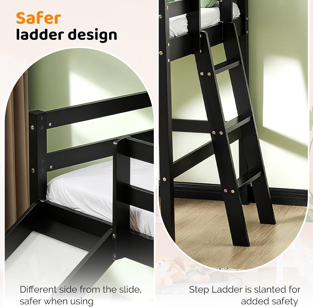 VINGLI 47 Inches Medium High Loft Bed with Slide, Space Saving Kids Low Loft Bed Twin Size with Guardrail and Flat Ladder, Pine Wood Bed Frame for Boys and Girls, Black