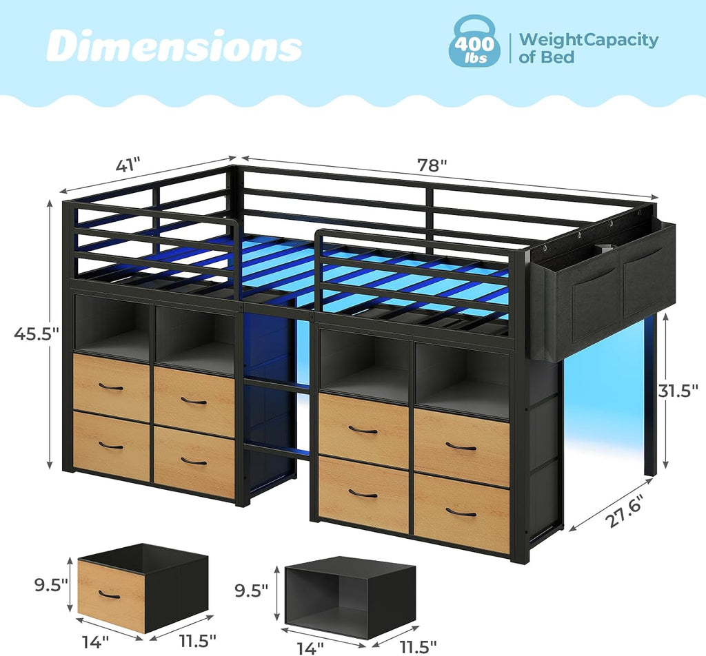 ADORNEVE Low Loft Bed Twin Size with 8 Storage Drawers, Twin Loft Bed with Bookcase and LED Lights, Metal Kids Loft Bed with 14' H Safety Guardrail, Under-Bed Play Space, No Box Spring Needed, Natural