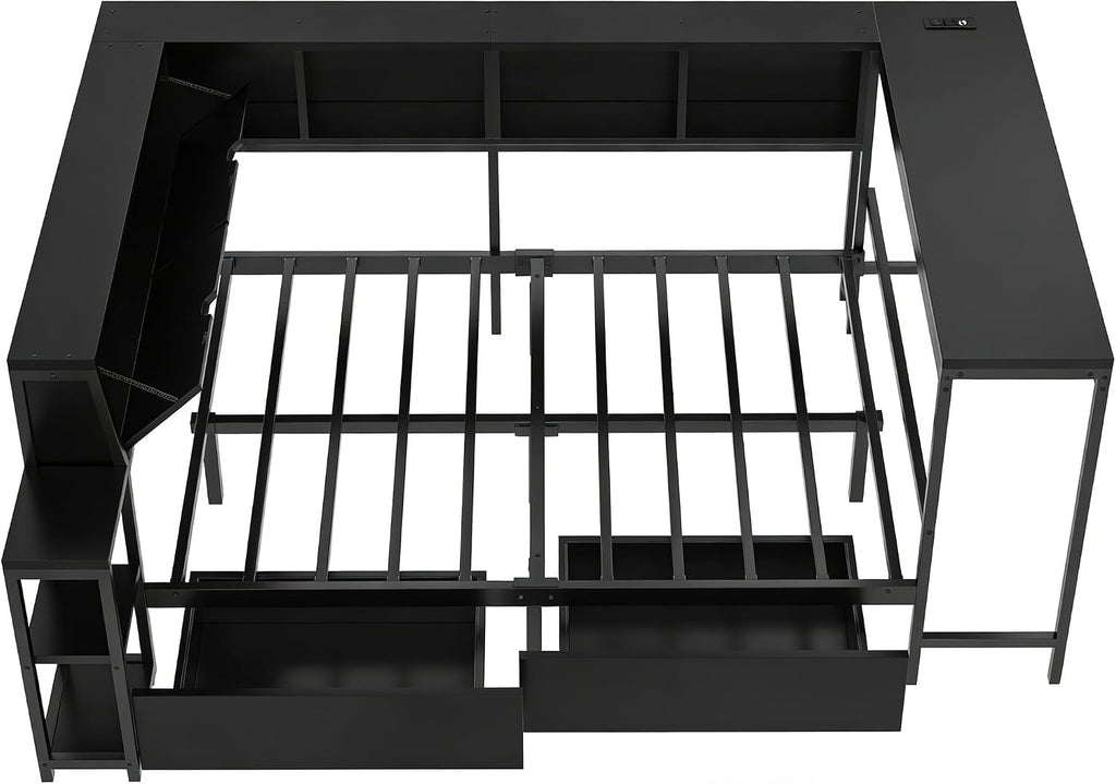 Bellemave Twin Size Corner Bed Frame with Desk and Storage Drawers,Twin Metal Platform Corner Bed Frame with Charging Station and LED Lights, Twin Daybed for Kids Teens Guests,Black