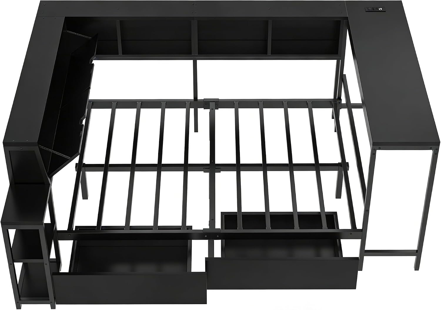 Bellemave Twin Size Corner Bed Frame with Desk and Storage Drawers,Twin Metal Platform Corner Bed Frame with Charging Station and LED Lights, Twin Daybed for Kids Teens Guests,Black