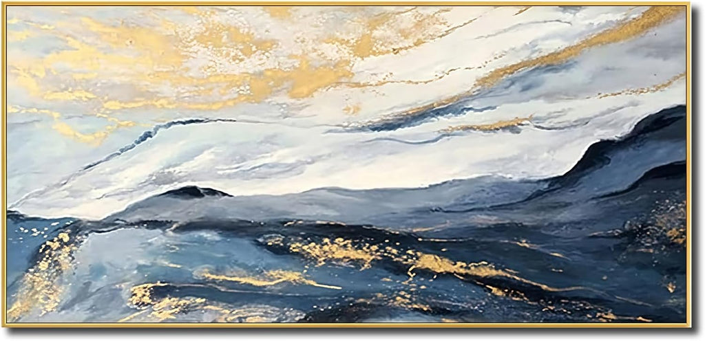 Large Textured Blue & Gold Mountain Framed Wall Art for Living Room, Abstract Landscape Oil Painting with Gold Foil for Bedroom, Modern Luxury Wall Decor for Office, Ready to Hang 28x56 Inches