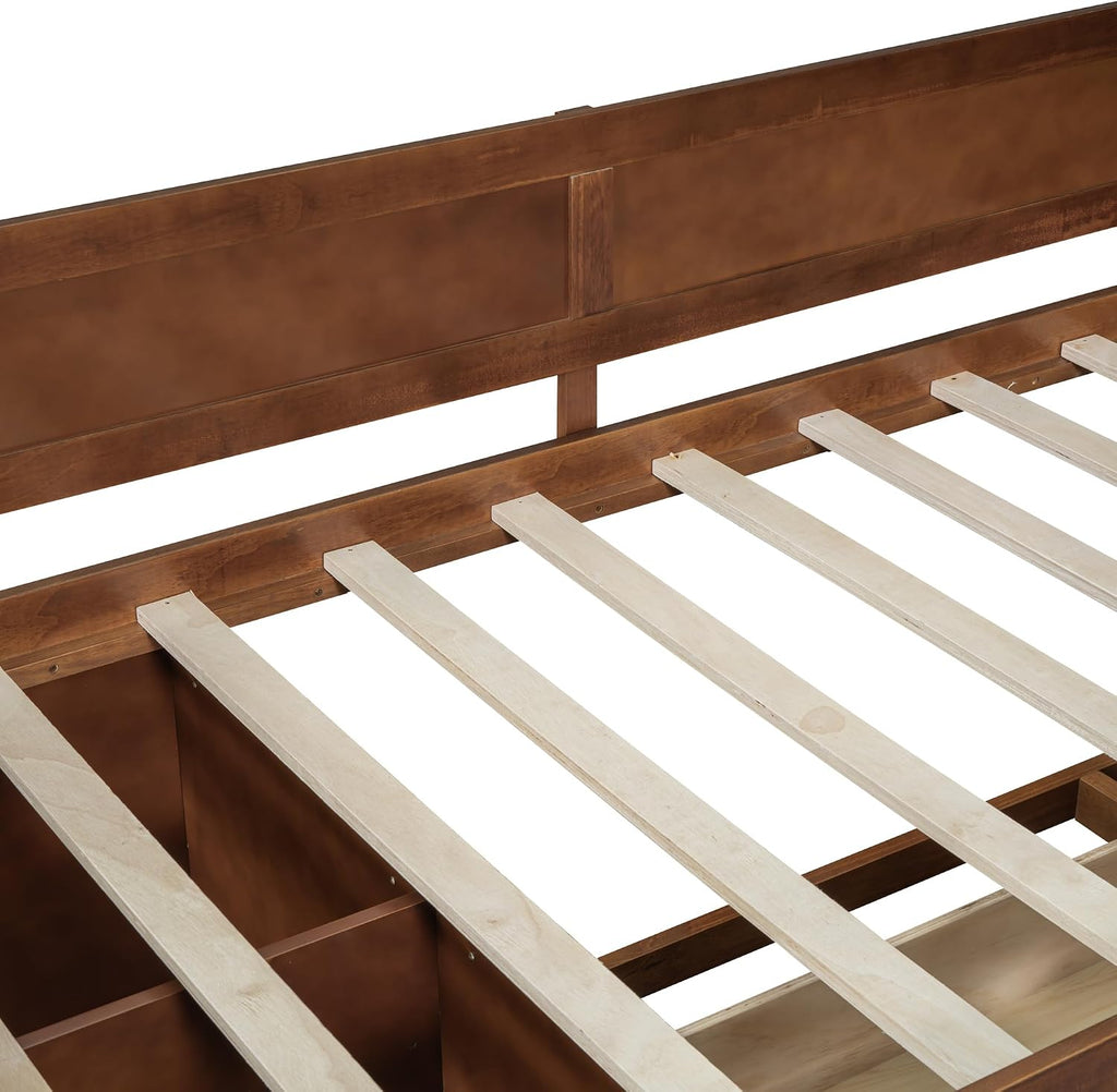 Twin Size Daybed with 4 Pull-Out Drawers and 3 Functioning Shelves,Solid Wood Day Bed Frame with Wooden Slats Support for Bedroom,No Box Spring Required (Walnut-AB40)