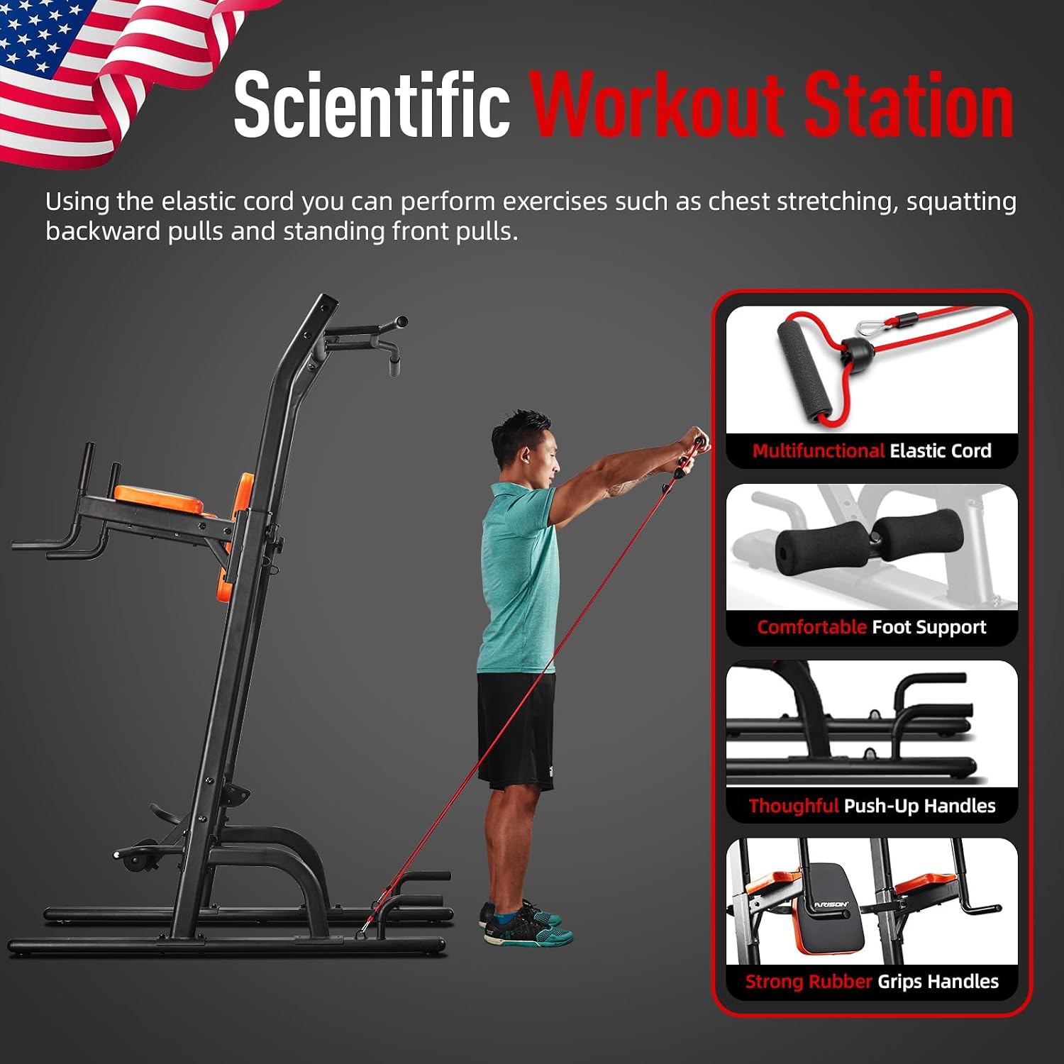 HARISON Multifunction Power Tower with Bench, Heavy Duty Pull Up Bar Dip Station for Home Gym Workout Strength Training Fitness Equipment